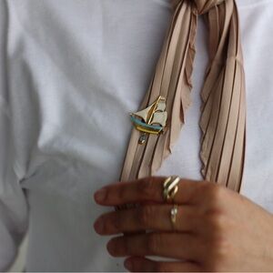 Vintage Silver Blue & Gold Sailboat Brooch, Coastal Theme Jewelry, Nautical Pin